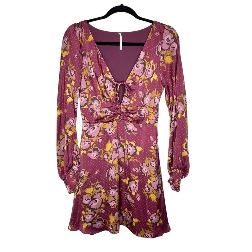 Free People Morning Light Dress 6 Mauve Floral Polka Dot Satin Keyhole Boho